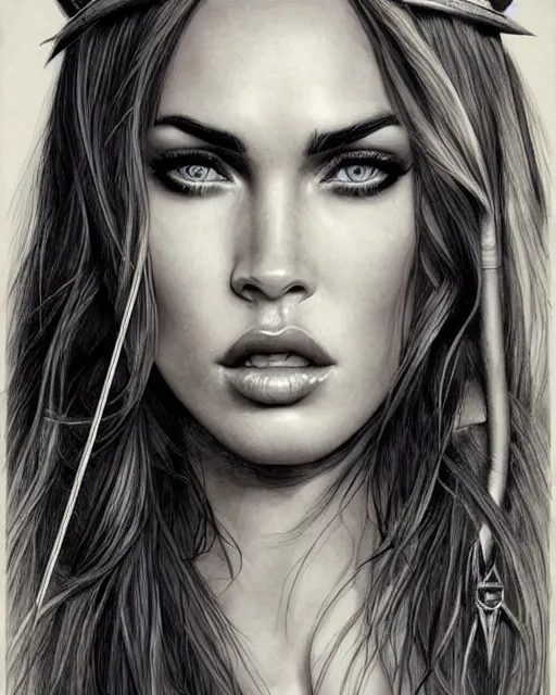 Image similar to portrait of beautiful megan fox as greek goddess aphrodite, archer, arrow on the head, beautiful piercing eyes, flowing blonde hair, realistic face, black and white drawing, in the style of greg rutkowski, fantasy, amazing detail, epic, intricate, elegant, smooth, sharp focus