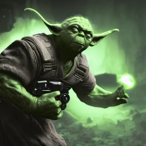 Image similar to yoda as the hulk the hulk in gears of war, splash art, movie still, cinematic lighting, dramatic, octane render, long lens, shallow depth of field, bokeh, anamorphic lens flare, 8 k, hyper detailed, 3 5 mm film grain