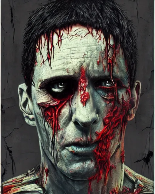 Image similar to trent reznor as a decaying zombie, grotesque, horror, high details, bright colors, striking, intricate details, by vincent di fate, artgerm julie bell beeple, 1 9 8 0 s, inking, vintage 8 0 s print, screen print