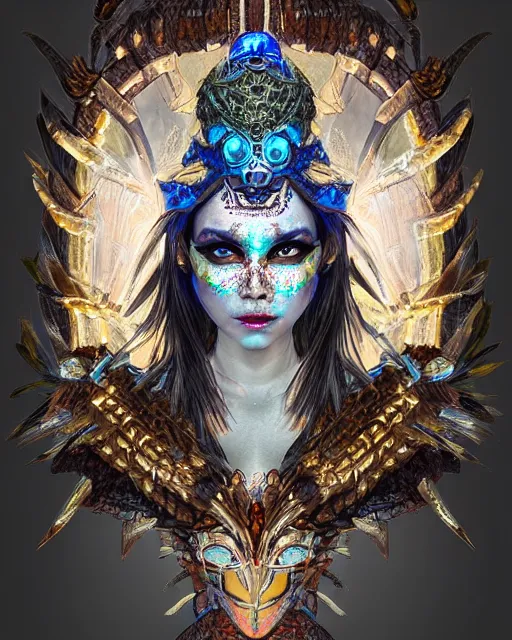 Prompt: 3 d warrior goddess medium shot portrait. beautiful intricate highly detailed magpie helm, shattered armor, kintsugi, quetzalcoatl, bioluminescent, lava, ice, in the style of chiara bautista,