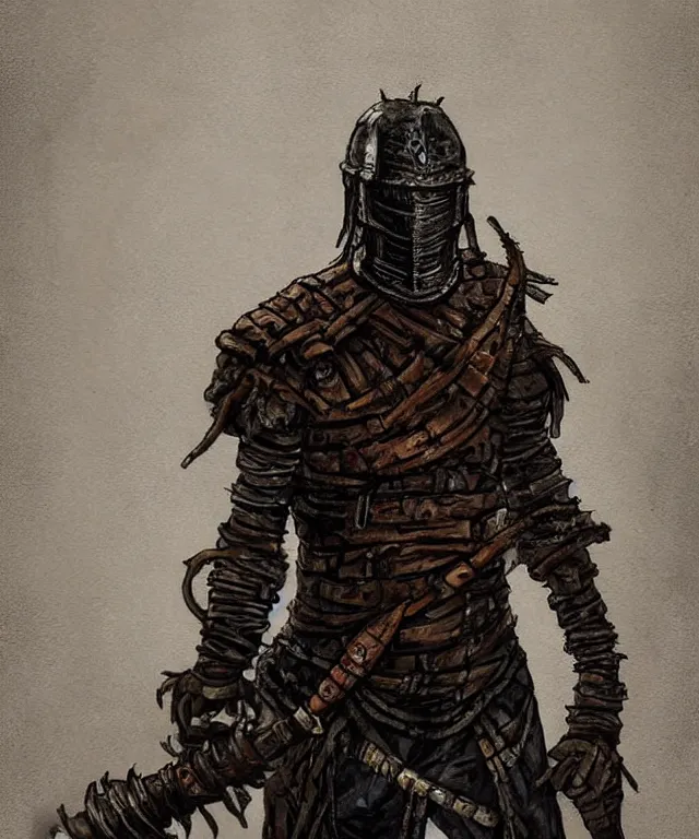 Prompt: a oil / watercolor painting full body character portrait of a artificial slave in the style of dark souls in the style of darkest dungeon trending on artstation deviantart pinterest detailed realistic hd 8 k high resolution