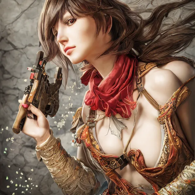 Image similar to the portrait of lawful neutral semi - colorful female hunter socialite as absurdly beautiful, gorgeous, elegant, young gravure idol, an ultrafine hyperdetailed illustration by kim jung gi, irakli nadar, intricate linework, bright colors, octopath traveler, final fantasy, unreal engine 5 highly rendered, global illumination, radiant light, detailed and intricate environment