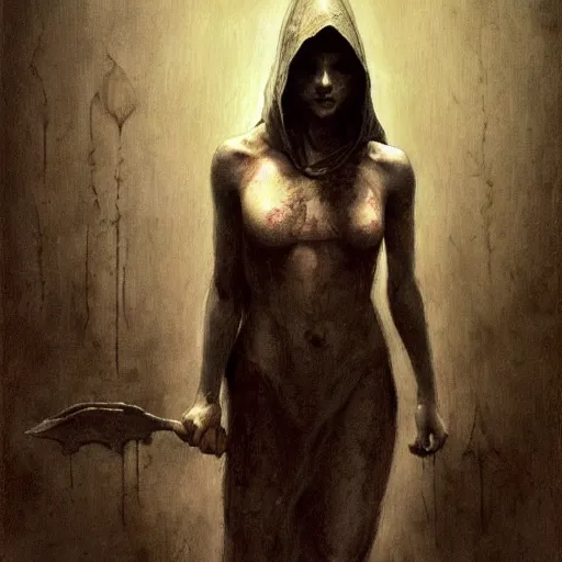 Prompt: Pyramid Head is in love, intricate, highly detailed, fullbody, artstation, dark fantasy, horror, Silent Hill game, concept art, smooth, sharp focus, illustration, art by greg rutkowski and orientalism and bouguereau and Zdzislaw Beksinski, good clear quality, lighting, biology, symmetrical artwork, perfect face, 135 mm, cinematic, hyper realism, high detail, octane render, 8k, chrome accents