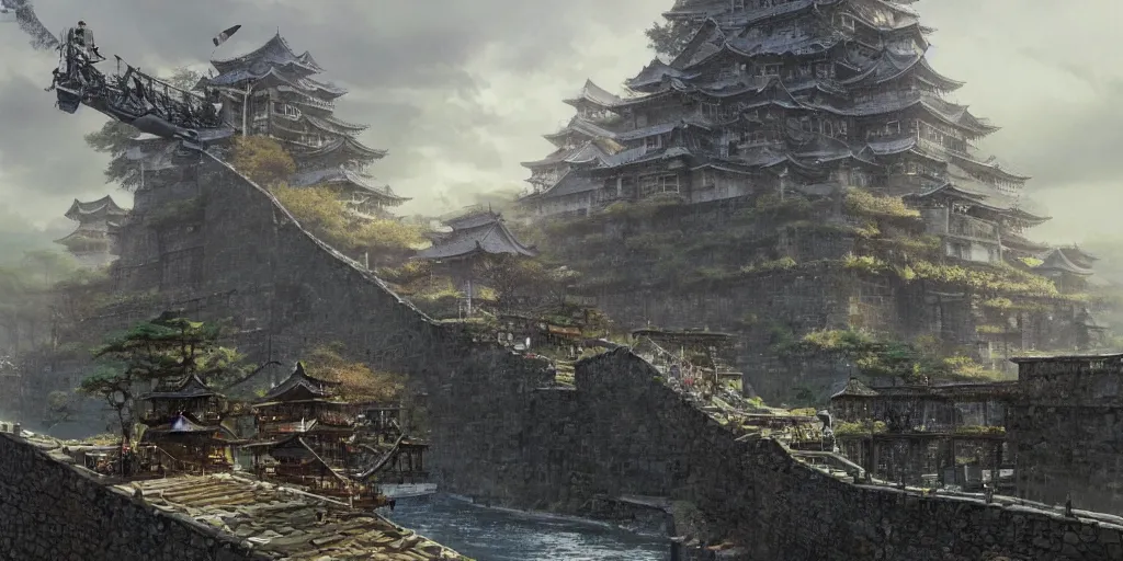 Image similar to japan middle age, giant fortress with cannons guarded by samurais, is built on a strong old wooden bridge, giant goddess with swords, morning, matte painting, concept art, james gurney, greg rutkowski, unreal engine, artstation, john howe