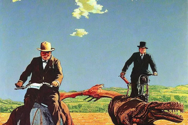 Prompt: Winston Churchill riding a T-Rex, painting by Jean Giraud and René Magritte
