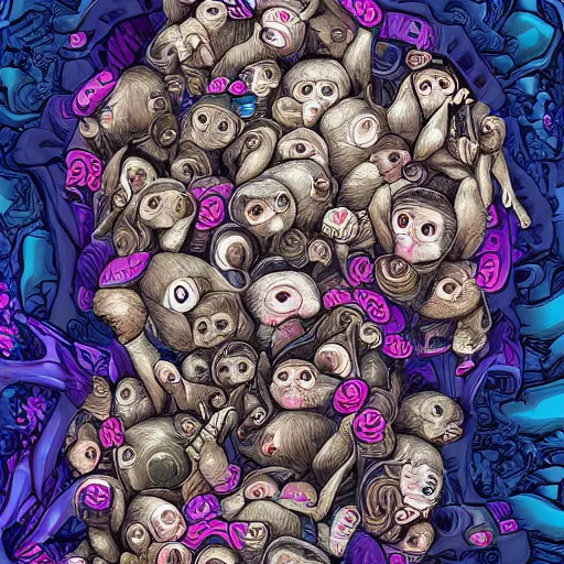 Prompt: little monkeys inside my head, digital art, hyper detailed