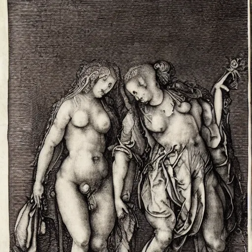 Prompt: a study of the intersection of masculine and feminine forms, masterwork etching, albrecht durer, universal secrets