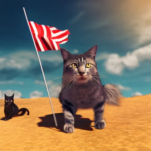 Image similar to a cat with a flag riding another cat into battle, in the background there is epic enormous terrain with shockingly gorgeous skies, dramatic lighting, octane render, unreal 5