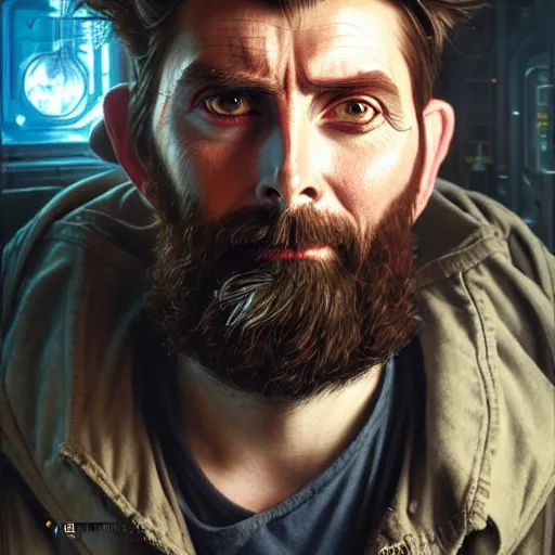 Image similar to portrait painting of a cyberpunk dwarf mechanic bearded david tennant, ultra realistic, concept art, intricate details, eerie, highly detailed, photorealistic, octane render, 8 k, unreal engine. art by artgerm and greg rutkowski and charlie bowater and magali villeneuve and alphonse mucha