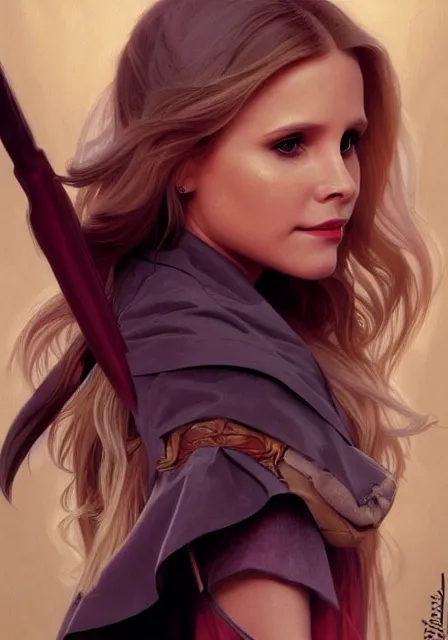 Image similar to kristen bell as buffy the vampire slayer, intricate, elegant, highly detailed, digital painting, artstation, concept art, smooth, sharp focus, illustration, art by artgerm and greg rutkowski and alphonse mucha and william - adolphe bouguereau