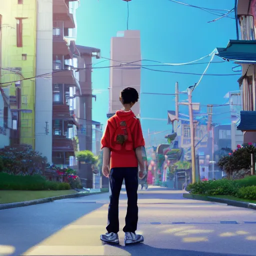 Prompt: teen japanese boy standing in front of his home in san fransokyo, pixar film, big hero 6, hyper detailed, digital art, trending on artstation, cinematic lighting, studio quality, smooth render, unreal engine 5 rendered, octane rendered