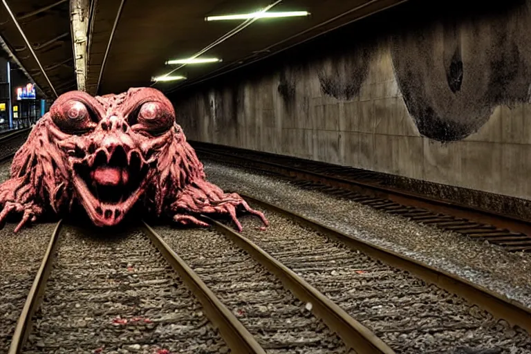 Image similar to very large giant mutant zombie irradiated ( angry rat ) staying on railways in tonnel of moscow subway. tonnel, railways, giant angry rat, furr, fangs, claws, very realistic. extreme long shot, 1 6 mm, rusty colors, anish kapoor, ( herman nitsch, giger ).