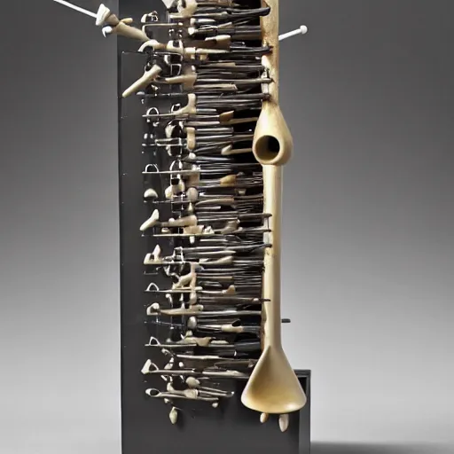 Prompt: a wind musical instrument with ceramic pipes in the shape of vocal tracts producing a jet stream of air, 8 k, octane
