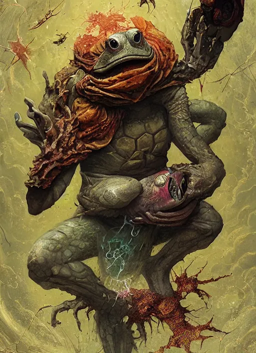 Image similar to the mock turtle, fool tarot card, highly detailed, cinematic, 8 k, by megan duncanson, benjamin lacombe, adrian borda, stanley artgermm, tom bagshaw, craig mullins, carne griffiths, ayami kojima, beksinski, giger, trending on deviantart, hyper detailed, horror, full of colour