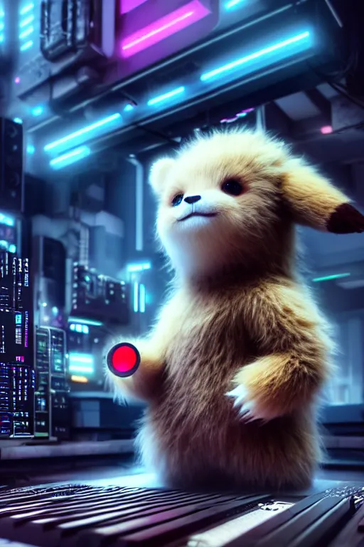 Image similar to high quality 3 d render very cute fluffy cyborg!! bear plays moog synthesizer, cyberpunk highly detailed, unreal engine cinematic smooth, in the style of blade runner & detective pikachu, hannah yata charlie immer, moody light, low angle, uhd 8 k, sharp focus