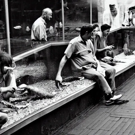 Prompt: hobos eating fish from aquarium, black and white, old photo, realistic