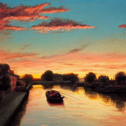 Prompt: a beautiful canal in late spring, with boats, beautiful clouds and a pink sunset, by Victor Richardson, extremely detailed painting