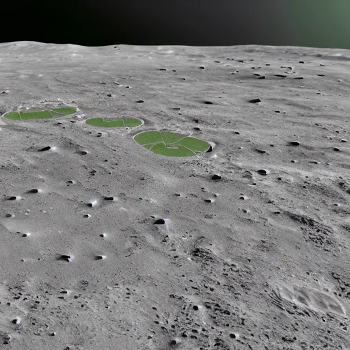 Image similar to 3 d render of a green soccer pitch on the moon, extreme long shot, unreal engine, realistic