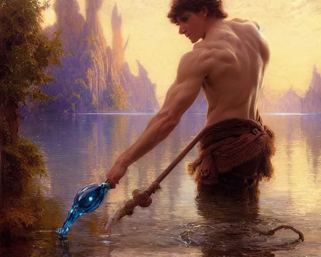 Image similar to attractive male wizard casting powerful water spell in a beautiful lake. highly detailed painting by gaston bussiere, craig mullins, j. c. leyendecker 8 k