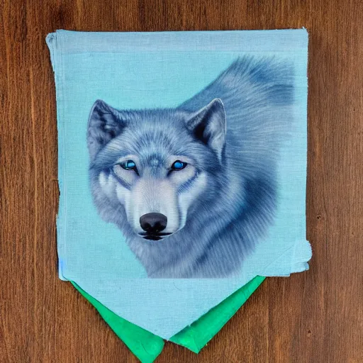 Image similar to pale blue wolf with green handkerchief