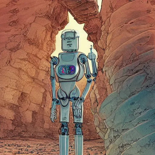 Image similar to robotic a man in desert finding a beautiful crystal, Industrial Scifi, detailed illustration, character portrait, by Martin Grip and Moebius