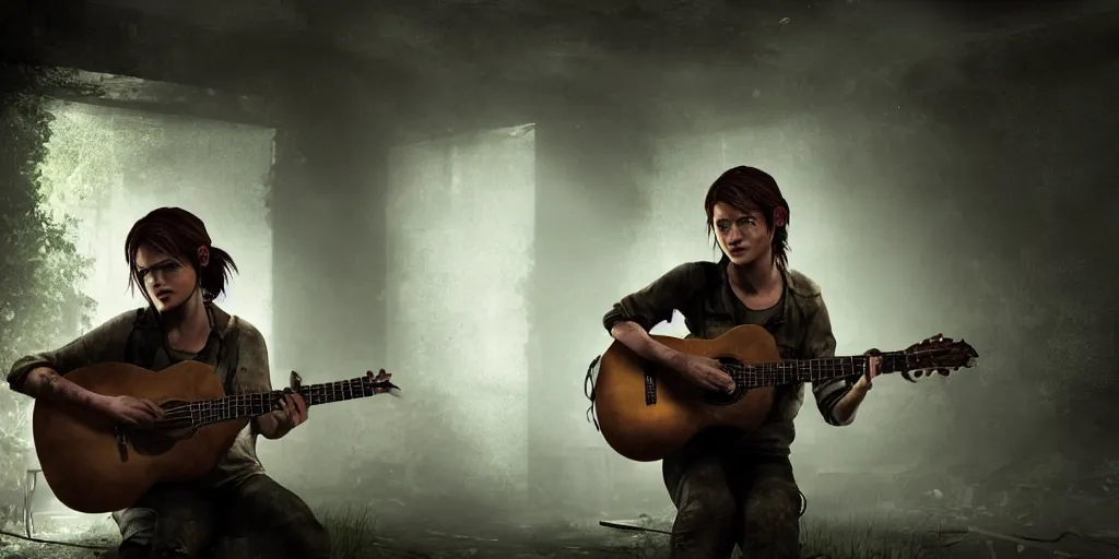 ellie from last of us playing guitar in a dark, Stable Diffusion