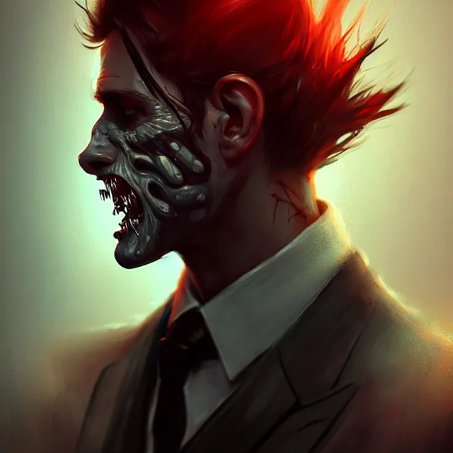 Prompt: epic professional digital art of 🤵‍♂️🧟‍♂️🤪,best on artstation, cgsociety, wlop, Behance, pixiv, astonishing, impressive, outstanding, epic, cinematic, stunning, gorgeous, much detail, much wow, masterpiece.