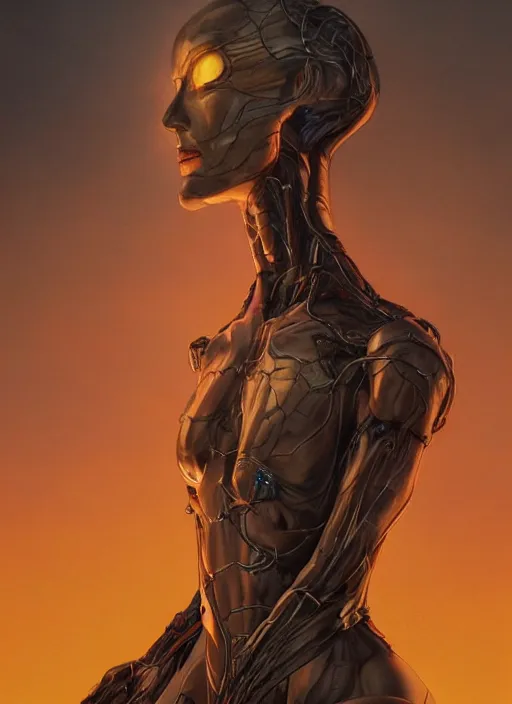 Image similar to biblical female android, glowing veins, in clouds, sunset, glowing eyes, snow, portrait by wayne barlowe, studio lighting, muted colors, by frank frazetta, extreme detail, reflections, trending on artstation, 8 k