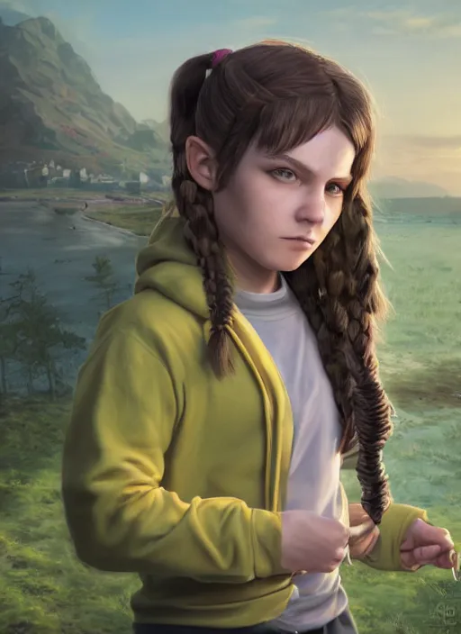 Image similar to An epic fantasy comic book style portrait painting of a young feminine boy, green eyes, fair skin, long brown hair worn in two pigtails, his left pigtail is shorter than the right pigtail, yellow hoodie with a grey undershirt, unreal 5, DAZ, hyperrealistic, octane render, cosplay, RPG portrait, dynamic lighting