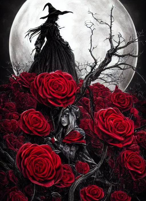 Image similar to portrait, A witch in front of the full big moon, book cover, red roses, red white black colors, establishing shot, extremly high detail, foto realistic, cinematic lighting, pen and ink, intricate line drawings, by Yoshitaka Amano, Ruan Jia, Kentaro Miura, Artgerm, post processed, concept art, artstation, matte painting, style by eddie, raphael lacoste, alex ross