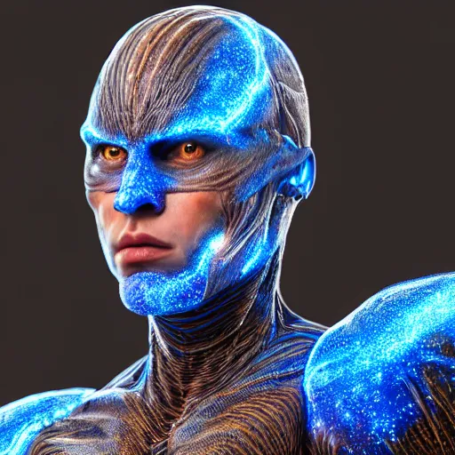Prompt: photography of a hyper realistic highly detailed stunning humanoid creature, controls complex and highly detailed blue lightning strikes as a super power. professionnal digital art, artstatiom, stuning, intricate, complex, unreal engine 5.