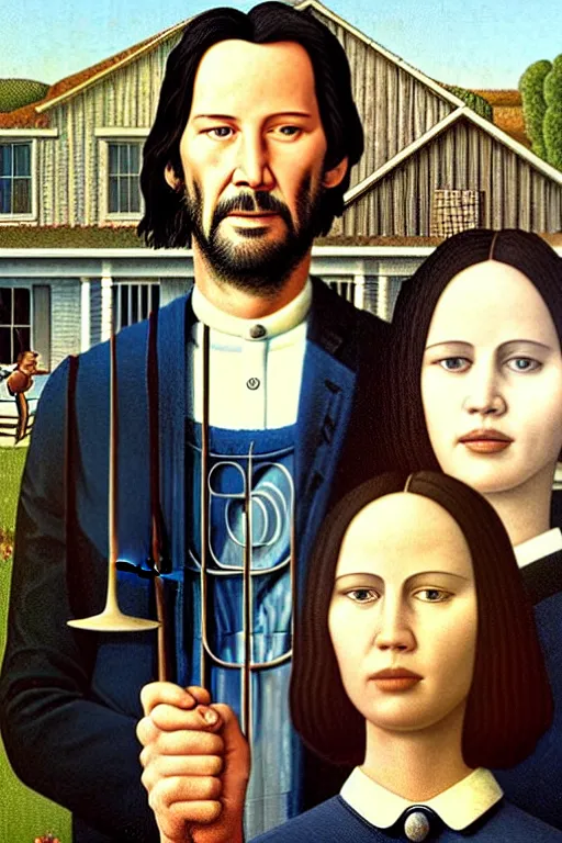 Image similar to painting of Keanu Reeves and Jennifer Lawrence as the couple in American Gothic in the style of Grant Wood