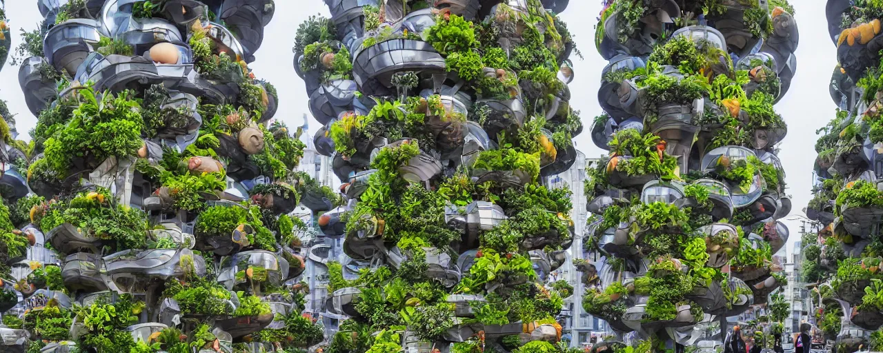 Prompt: futuristic village marketplace, with snail-shaped biomimetic architecture, vertical vegetable gardens, in a village street, with beautiful minimalist houses in the background XF IQ4, 150MP, 50mm, F1.4, ISO 200, 1/160s, natural light