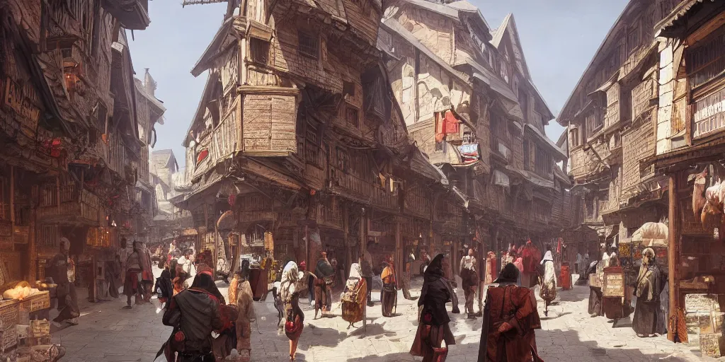 Image similar to photo of a medieval busy market street. architecture. trending on artstation. cgsociety. art by greg rutkowski and moebius.