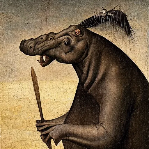 Prompt: oil painting by hieronymous bosch of a hippopotamus and a man wearing a hat. - n 6