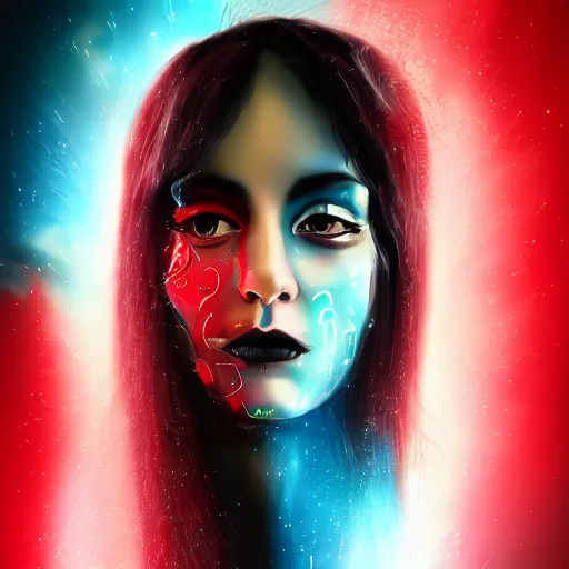 Image similar to epic dynamic portrait of an aesthetic beautiful realistic black haired woman protesting, 3 0 years old woman, mid long hair, black eyed, red peace and love symbol on the cheek, digital painting by john howe, atmospheric red effects, sparkles, artstation, deviantart, large view, motion blur, black background