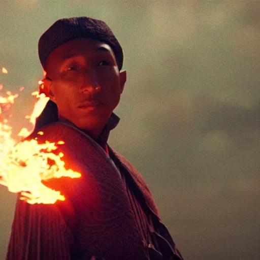 Image similar to cinematic film still Pharrell Williams starring as a Samurai holding fire, Japanese CGI, VFX, 2003, 40mm lens, shallow depth of field,film photography