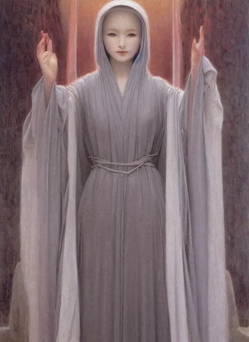 Image similar to thin young beautiful girl with silver hair, pale!, wearing robes, wearing hair, female goddess, pale smooth, young cute wan asian face, silver robes!!, oil on canvas by jean delville, 4 k resolution, aesthetic!,