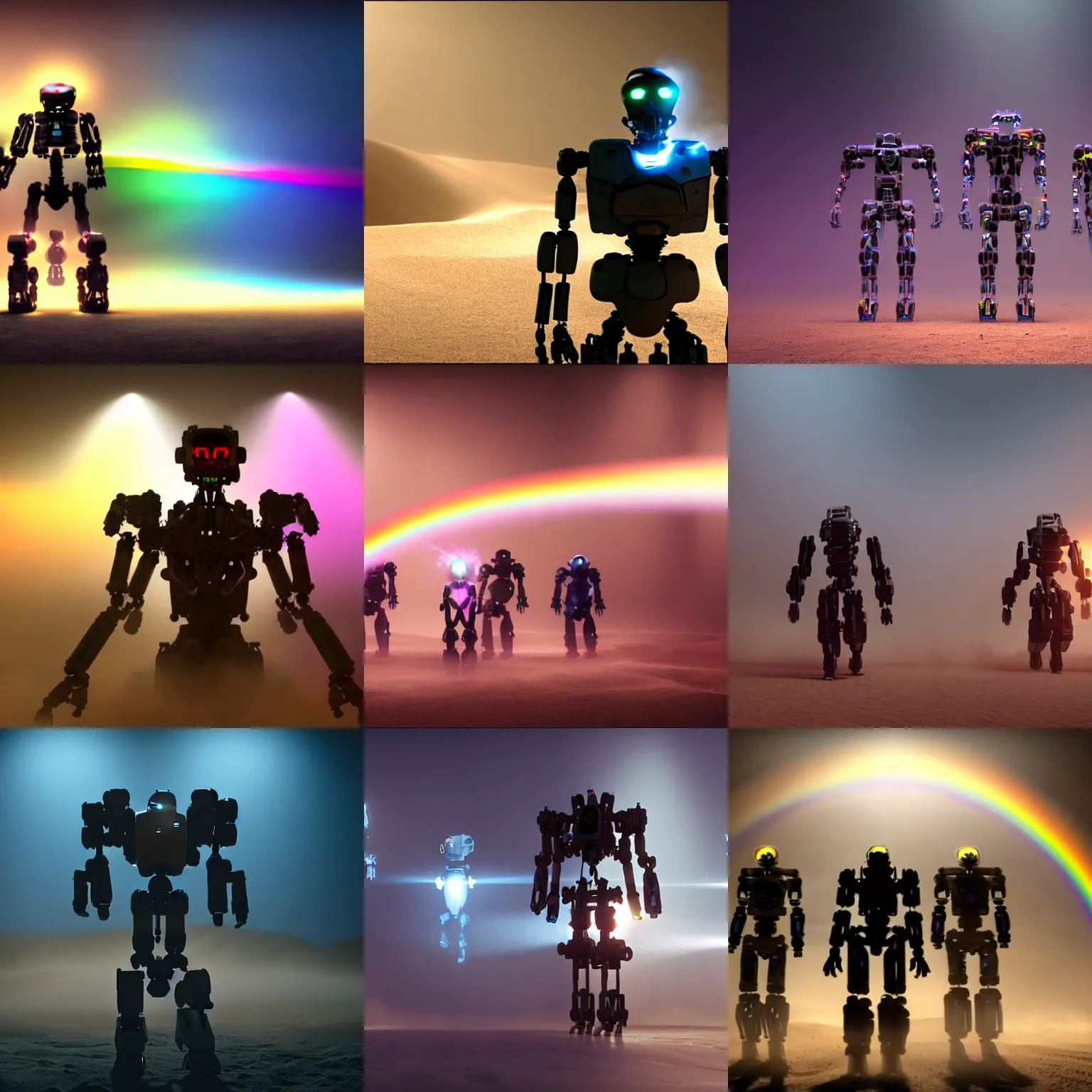 Prompt: cinematic still, colorful light spectrum phantom sandstorm swirling, center is a humanoid mech endoskeleton
