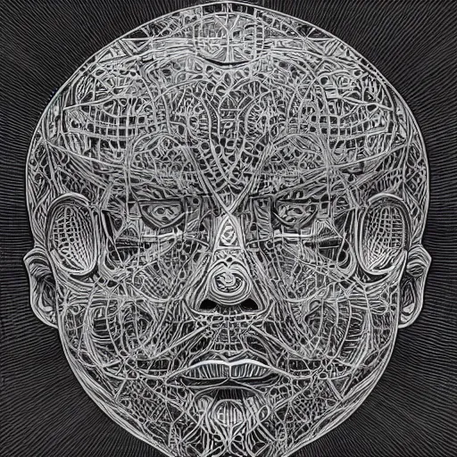 Prompt: Geometrically surreal Artificial Intelligence monk, high detail, photorealistic, intricate line drawings, dotart, album art in the style of James Jean