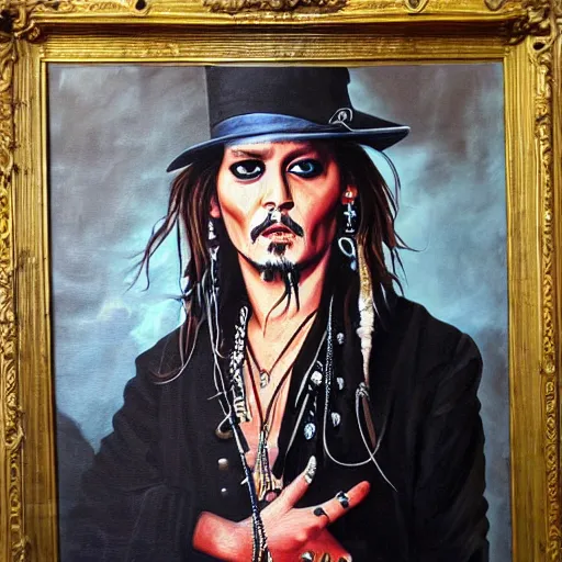 Image similar to a full length portrait painting of johnny depp painted during the dark ages in europe