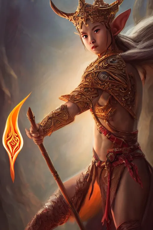 Prompt: a masterpiece portrait of nezha, young elf prince holding spear, flame everywhere, epic pose, fantasy character portrait, closeup shot, hyper detailed, digital painting, 8 k realistic, trending on artstation, sharp focus, dof, by fenghua zhong, artgerm, ne zha from smite, jeff easley, raymond swanland