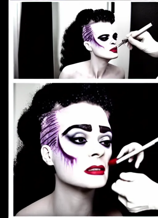 Image similar to video still from instagram, the bride of frankenstein doing a make up tutorial