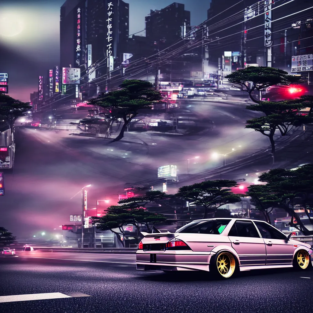 Image similar to a single car JZX100 twin turbo drift in the road, Tokyo prefecture, Japanese architecture, city sunset mist lights, cinematic lighting, photorealistic, detailed alloy wheels, highly detailed