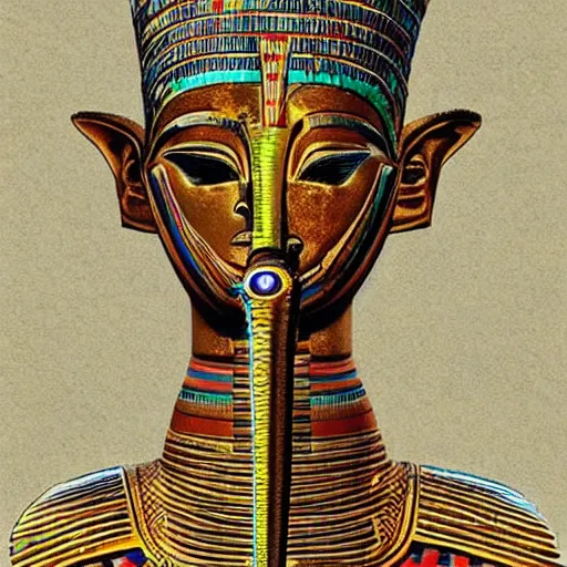 Prompt: the annunaki have returned to egypt wearing space suits that look like egyptian pharoah head - dresses and breathing hoses that look like elephant trunks - alien - looking, futuristic, detailed, photo - realism