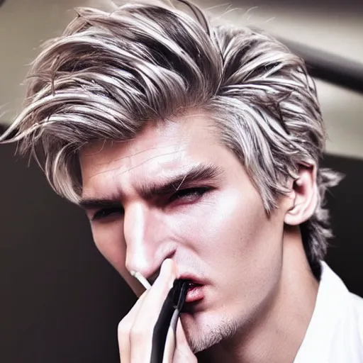 Image similar to a closeup photo of handsome gigachad xqc smoking