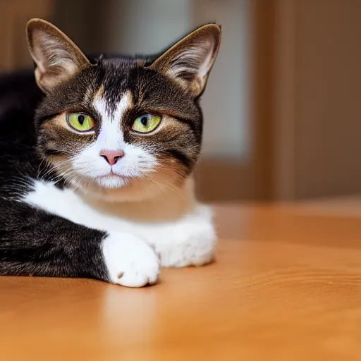 Prompt: Cat having a very sad face with tired eyes, on kitchen table, 40nm lens, shallow depth of field, split lighting, 4k,