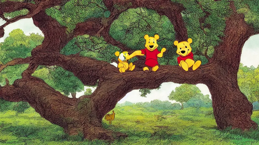 Prompt: winnie the pooh sitting on a swing by a large oak tree, beautiful landscape, vivid colors, by bill watterson