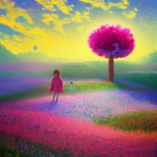 Image similar to flower field becoming a girl with dress and a giant flower as a face, hills, big trees, sunrise dramatic light, impressionist painting, colorful clouds, digital painting, pointillism, artstation, simon stalenhag