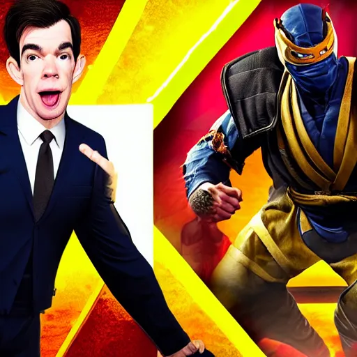 Image similar to John Mulaney rendered in Mortal Kombat 11 in a fight pose